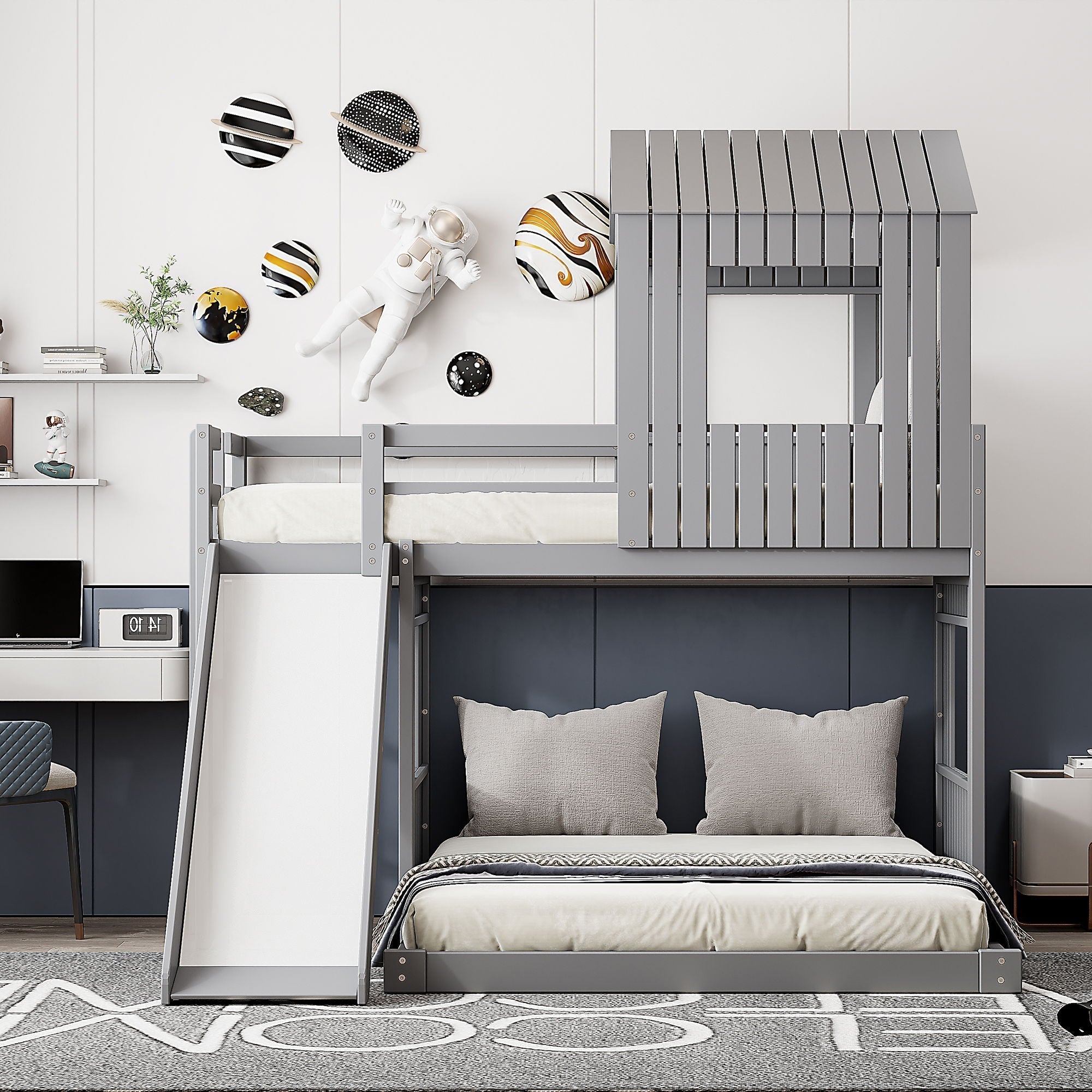 Loft Bunk Bed With Playhouse, Farmhouse, Ladder, Slide And Guardrails
