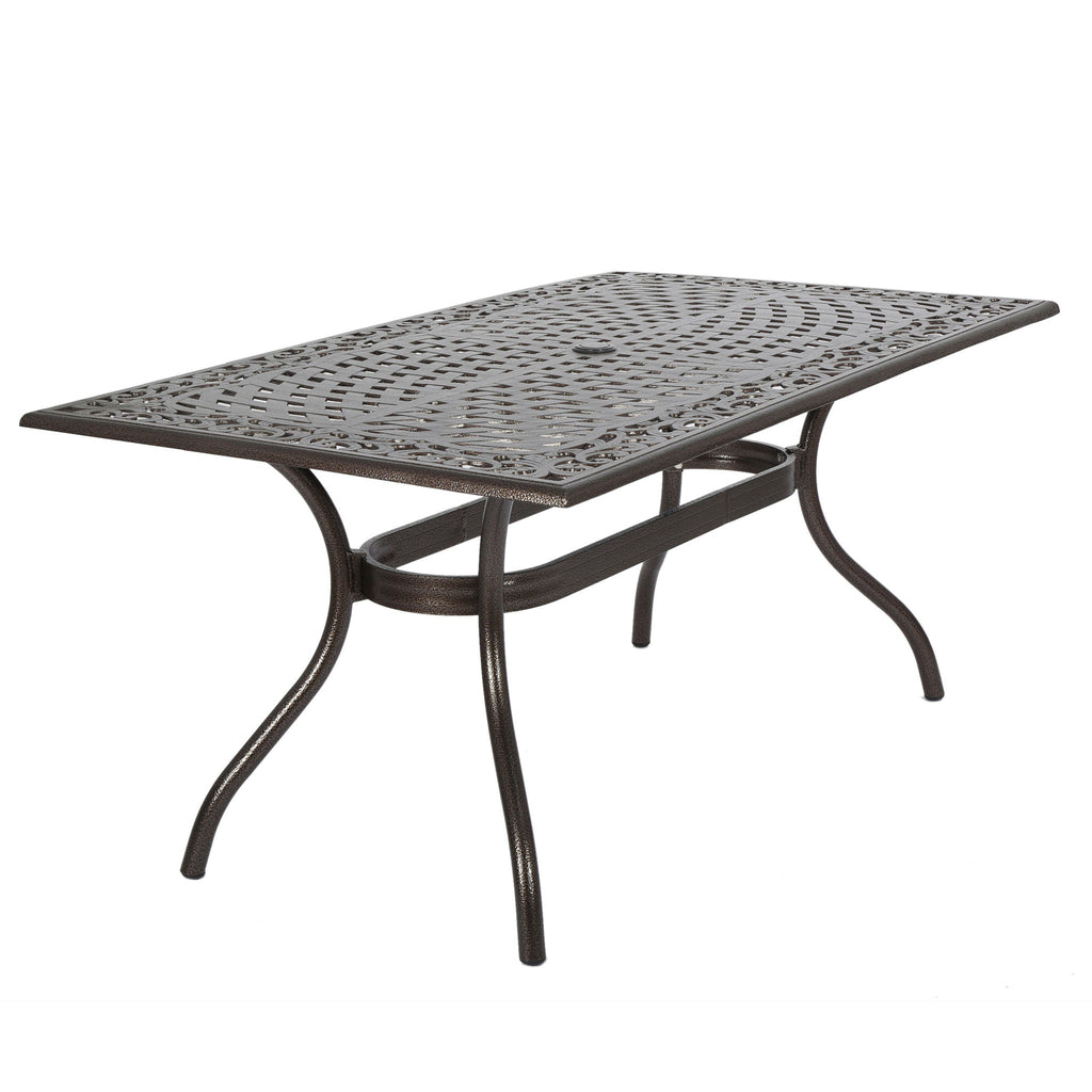 Celestine Outdoor Cast Aluminum Dining Table with Floral Lattice Design and Umbrella Holder