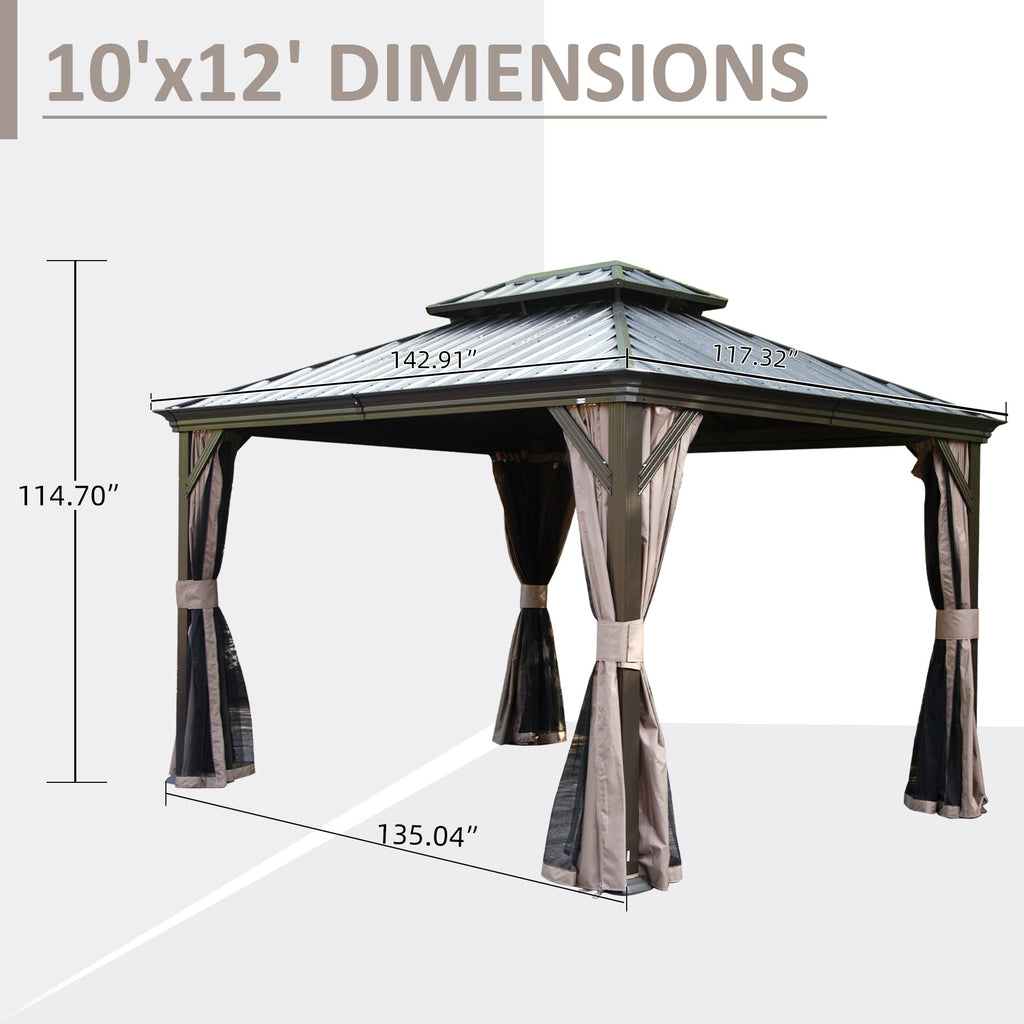 10' x 12' Hardtop Gazebo with Galvanized Steel Double Roof, Curtains, and Netting