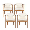 Outdoor Dining Chair Set of 4 with Curved Acacia Wood Arms and Cream Cushions