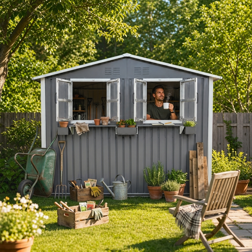 6x9 FT Outdoor Metal Storage Shed with Window & Flower Rack