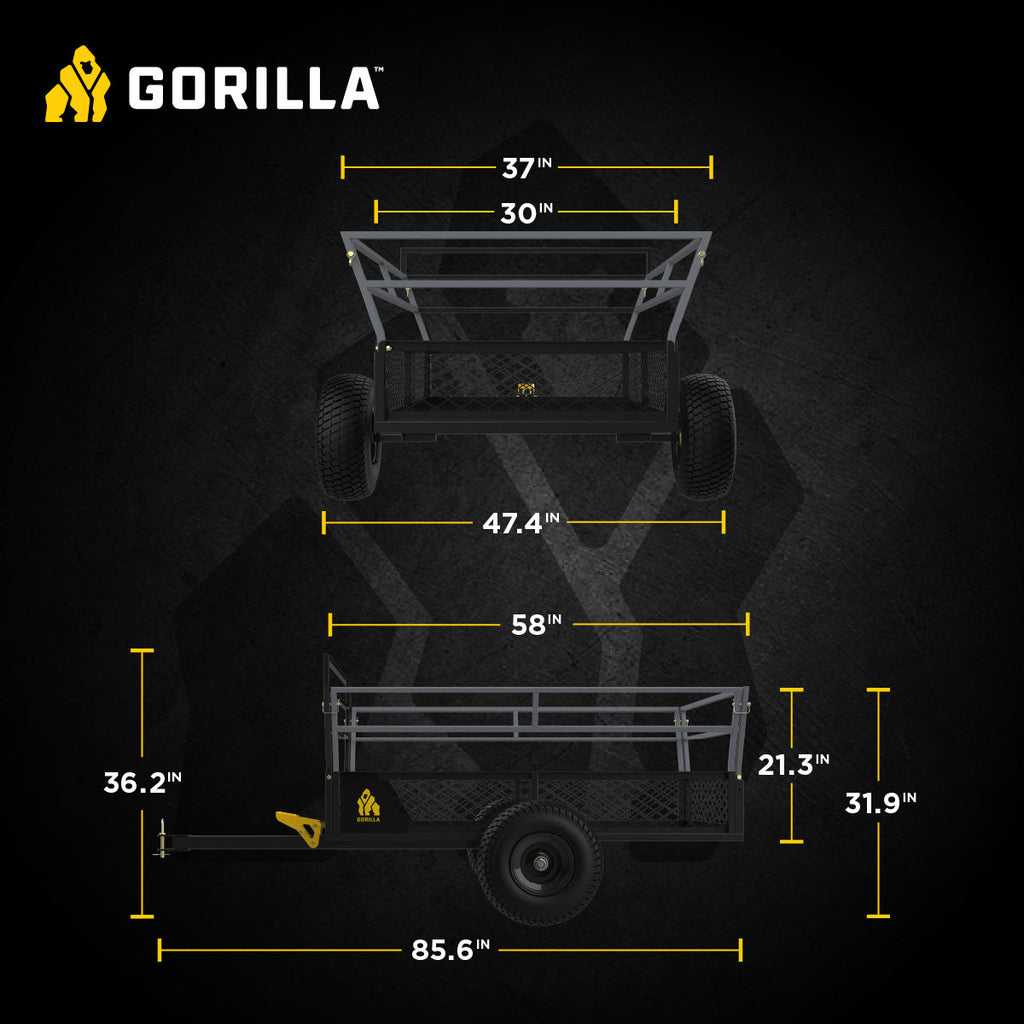 Gorilla 1400lb Steel ATV Trailer Garden Cart w/Removable Sides & 3-in-1 Tailgate