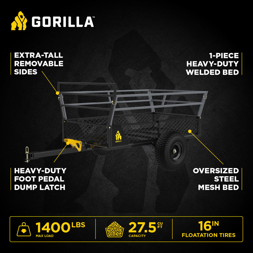 Gorilla 1400lb Steel ATV Trailer Garden Cart w/Removable Sides & 3-in-1 Tailgate