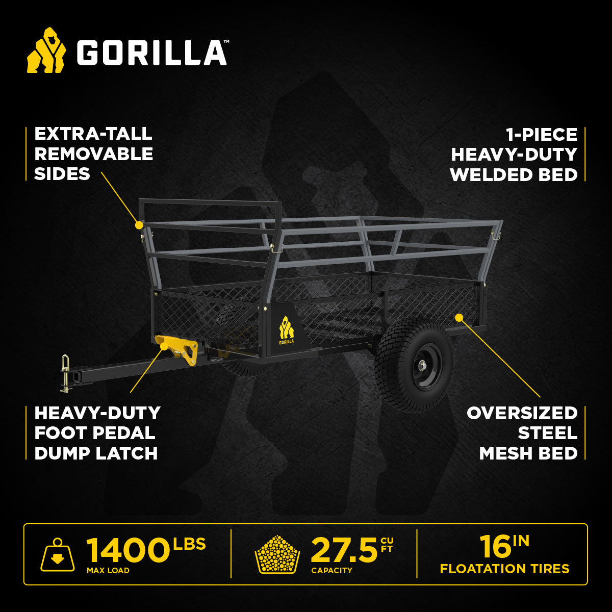Gorilla 1400lb Steel ATV Trailer Garden Cart w/Removable Sides & 3-in-1 Tailgate