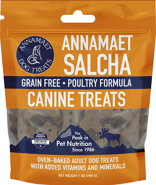 Packaging of Annamaet Salcha canine treats with orange and blue design.