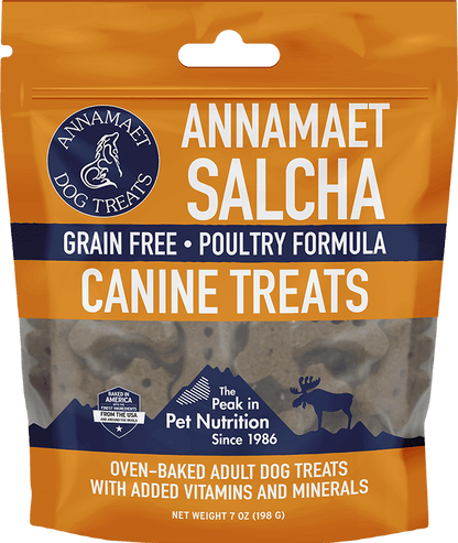 Packaging of Annamaet Salcha canine treats with orange and blue design.