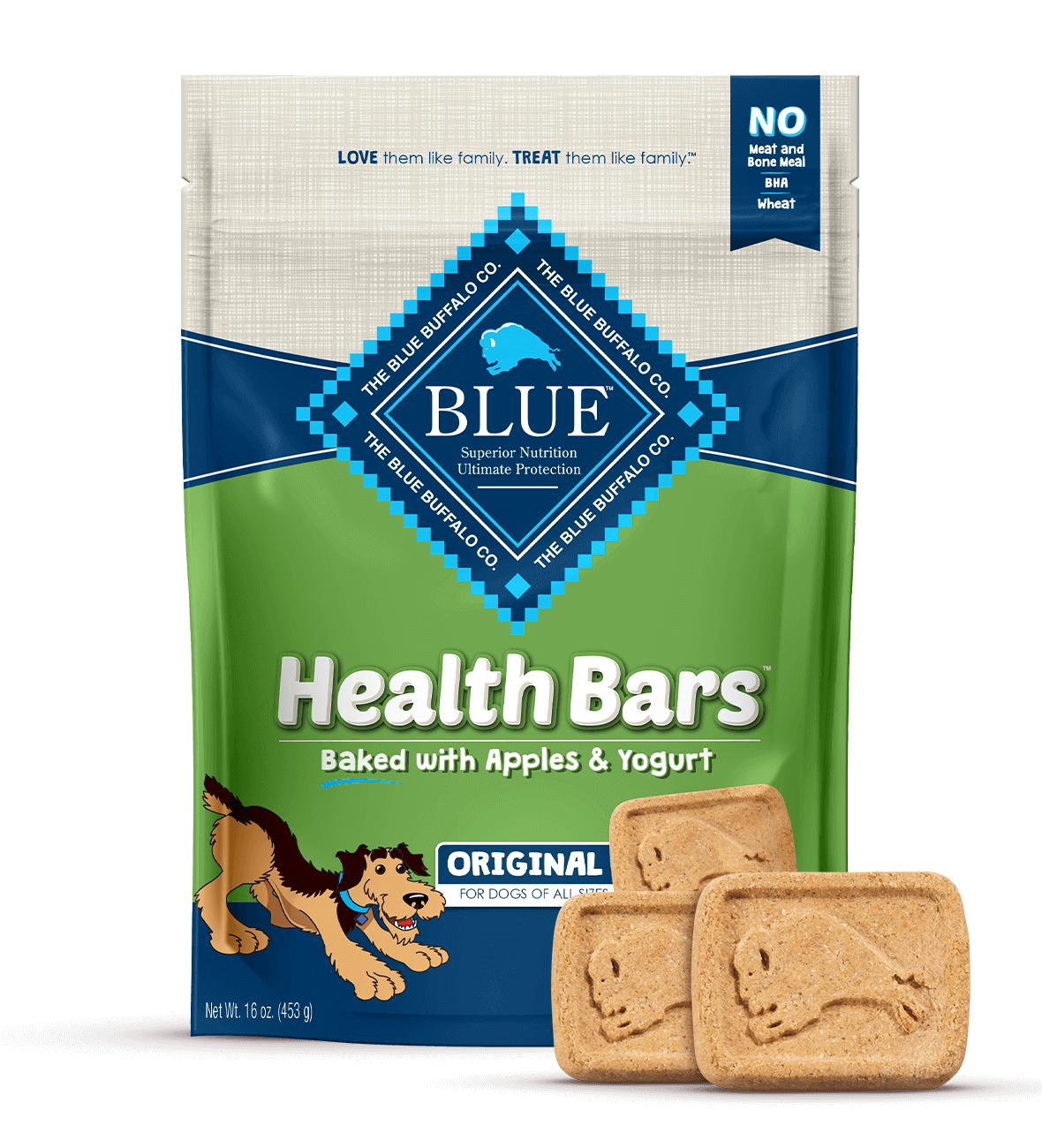 Blue Buffalo Health Bars packaging with two bars in front