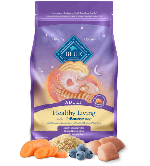 Purple bag of Blue Buffalo Adult Healthy Living cat food on a white background