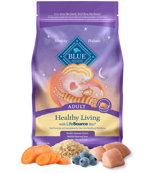 Purple bag of Blue Buffalo Adult Healthy Living cat food on a white background