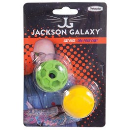 Jackson Galaxy cat toy packaging with two balls on a black background
