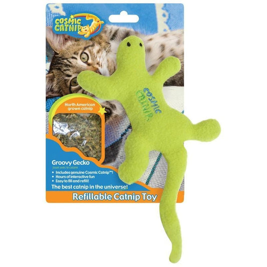Cosmic Catnip Groovy Gecko refillable catnip toy in bright green, shown attached to its retail blister packaging featuring a cat photo and product text.