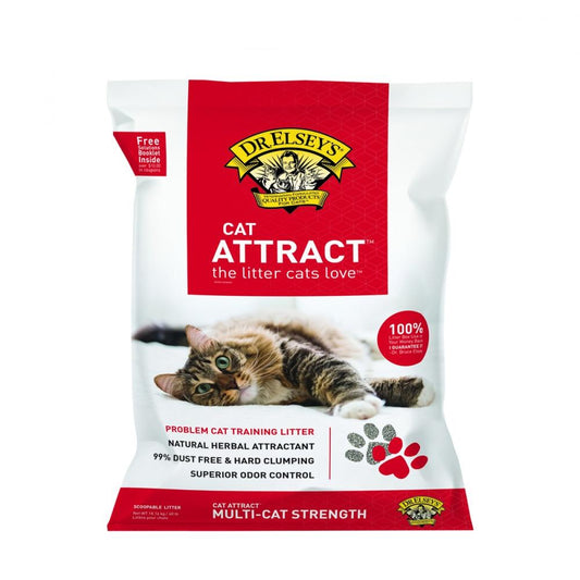 A bag of Dr. Elsey's Cat Attract Multi-Cat Strength problem cat training litter on a plain white background.