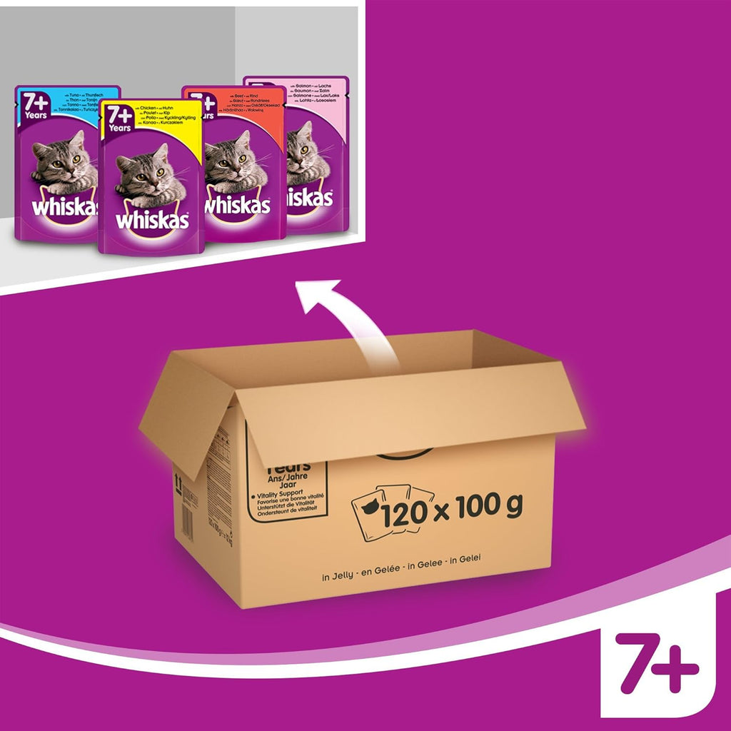 Whiskas Wet Pouches, Fish and Meaty Selection in Jelly, Suitable for Senior Cats Aged 7+, MegaPack (120 x 100 g)